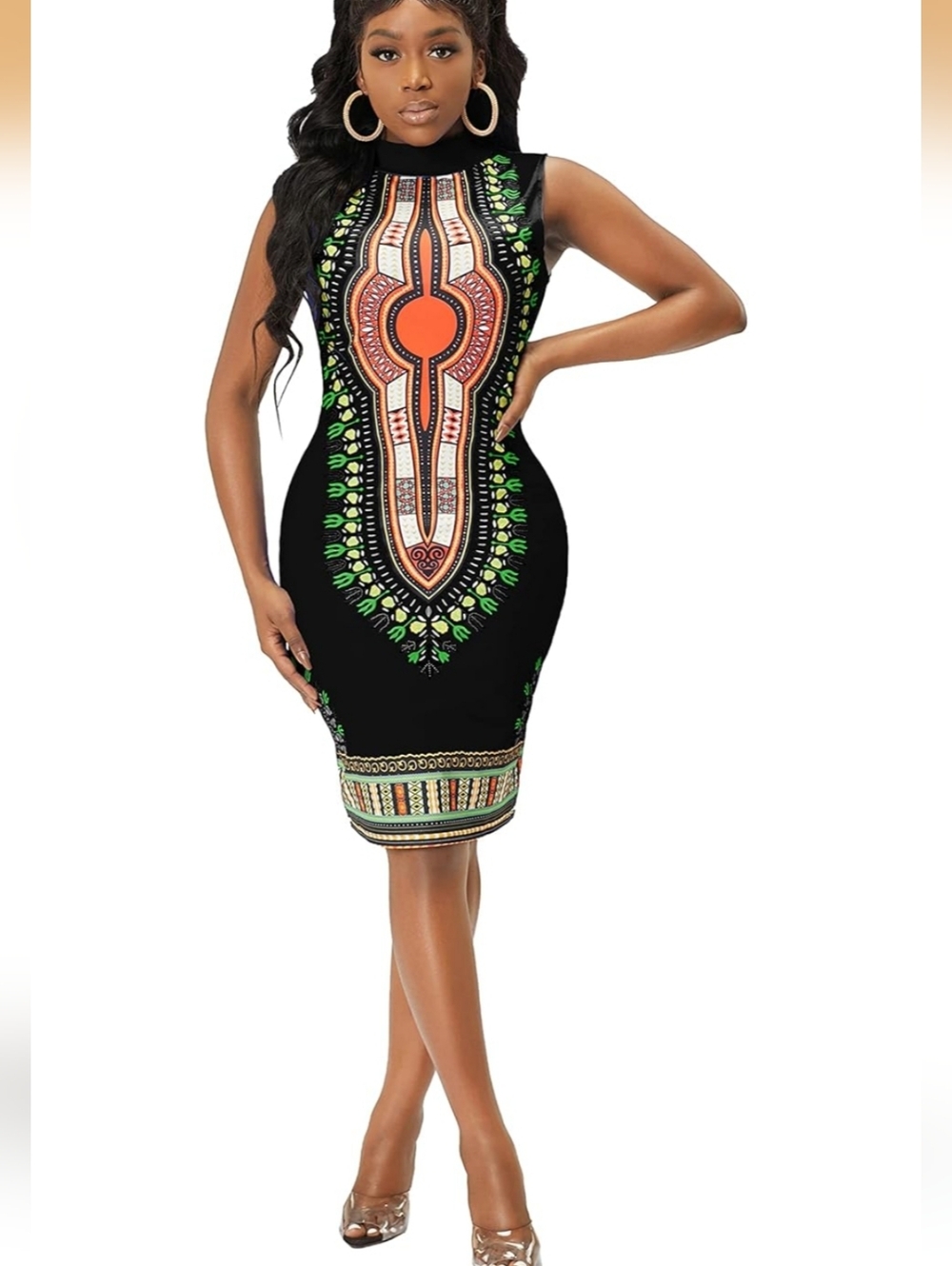 Black Sleeveless African  Printed Bodycon Dress Bohemian Large